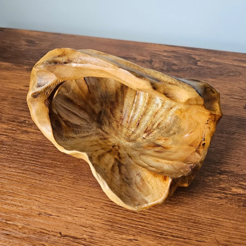 Hand Carved Small Wooden Basket Bowl Artisan Organic Shape Rustic Handmade